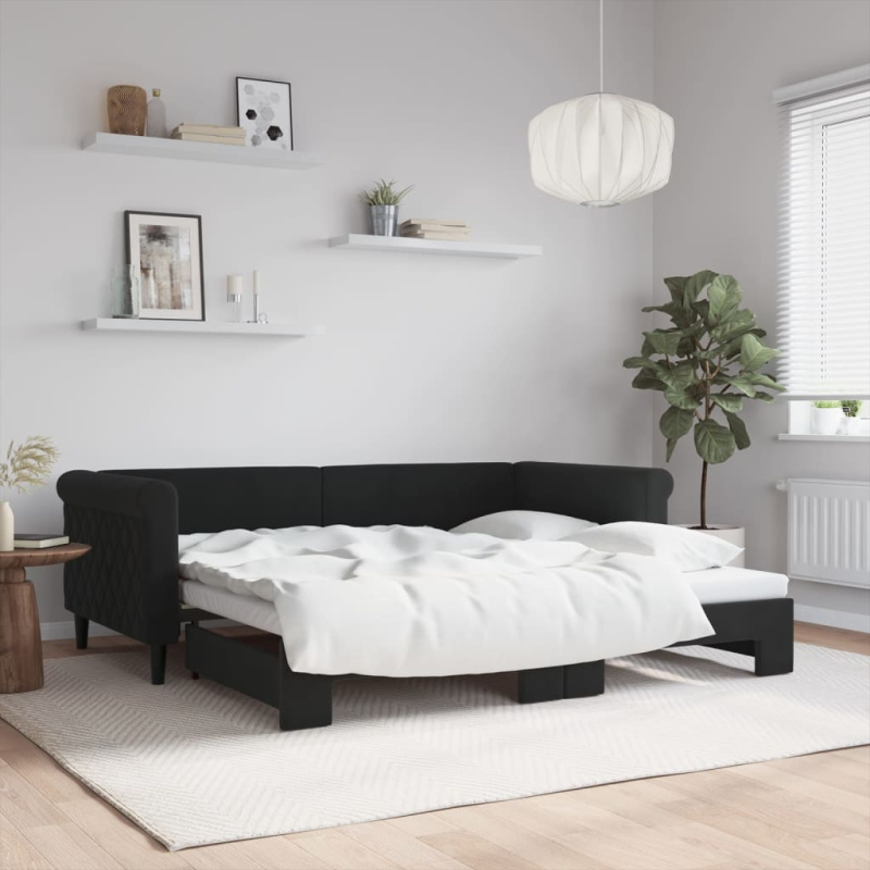 Válenda s přistýlkou a zásuvkami černá 100 x 200 cm samet