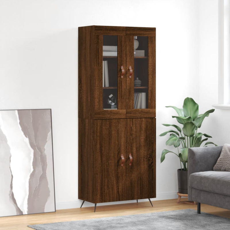 Skříň Highboard 69,5 X 34 X 180 Cm Kompozitní Dřevo - Kouřový dub / 1 prosklená dvířka 3 zásuvky