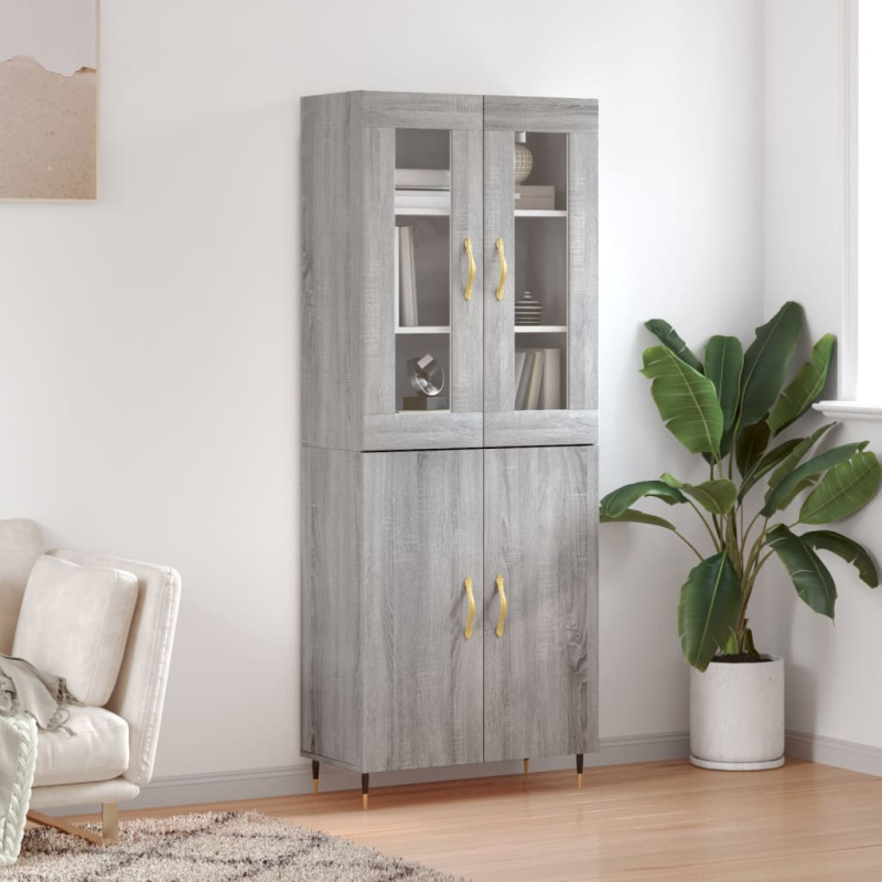 Skříň Highboard Šedá Sonoma 69,5 X 34 X 180 Cm Kompozitní Dřevo - Betonová šedá / 1 prosklená dvířka 3 zásuvky