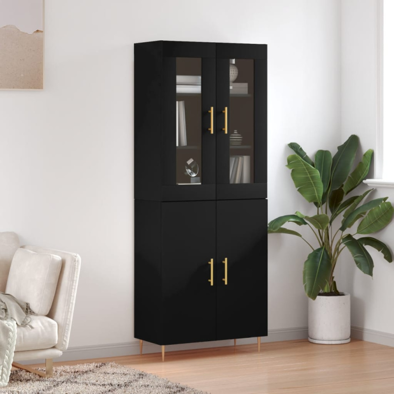 Skříň Highboard Černá 69,5 X 34 X 180 Cm Kompozitní Dřevo - Betonová šedá / 1 dřevěná dvířka 3 zásuvky