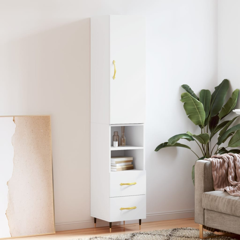 Skříň Highboard 34,5 X 34 X 180 Cm Kompozitní Dřevo - Bílá s vysokým leskem / 1 dřevěná dvířka