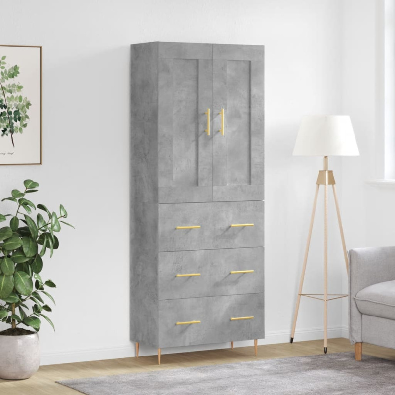 Skříň Highboard Betonově Šedá 69,5X34X180 Cm Kompozitní Dřevo - Kouřový dub / 1 prosklená dvířka 3 zásuvky