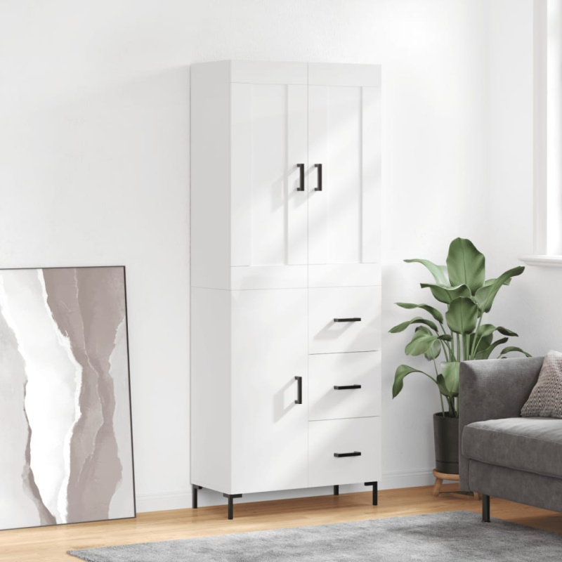 Skříň Highboard Lesklá Bílá 69,5 X 34 X 180 Cm Kompozitní Dřevo - Šedá sonoma / 1 dřevěná dvířka 3 zásuvky