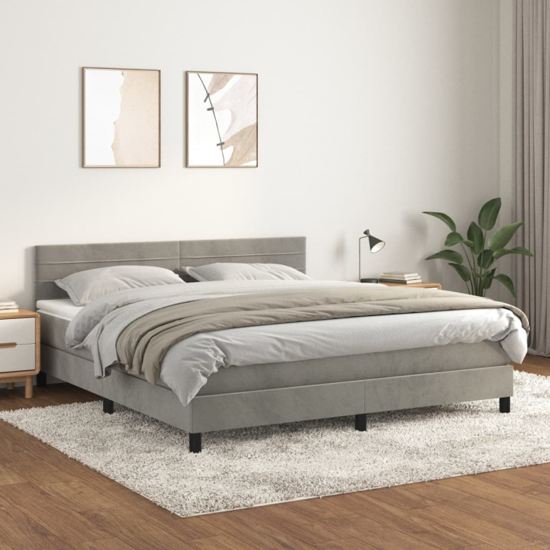 Box Spring Postel S Matrací Samet Světle Šedá - vodorovné pruhy / 140 x 190 cm