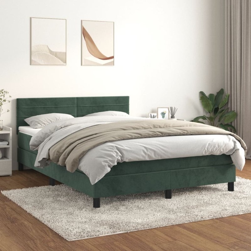 Box Spring Postel S Matrací Samet Tmavě Zelená - vodorovné pruhy / 140 x 190 cm
