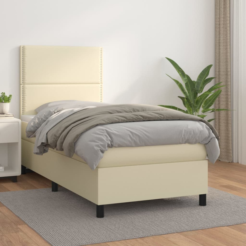 Box Spring Postel S Matrací Umělá Kůže Krémová - Hladký design / 100 x 200 cm