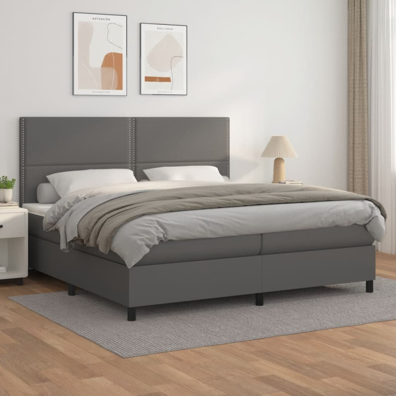 Box Spring Postel S Matrací Šedá Umělá Kůže Šedá - Hladké s hřebíky / 140 x 200 cm