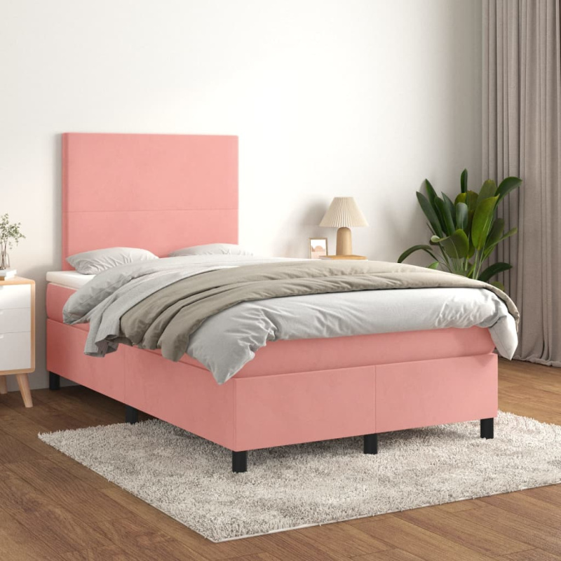 Box Spring Postel S Matrací Samet Růžová - Blok se čtverci / 180 x 200 cm
