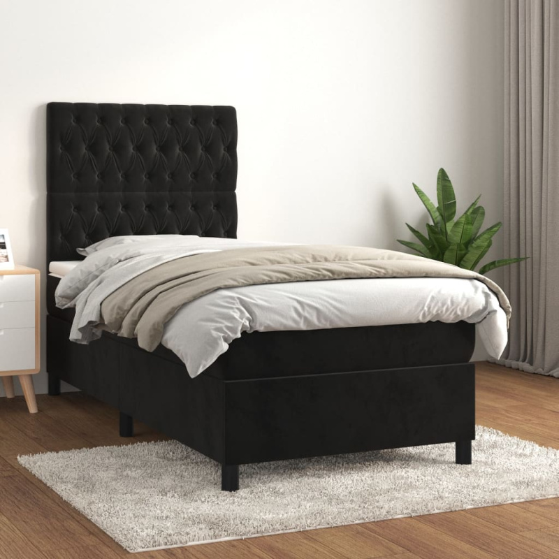 Box Spring Postel S Matrací Černá Samet Černá - Prošívaný design / 160 x 200 cm