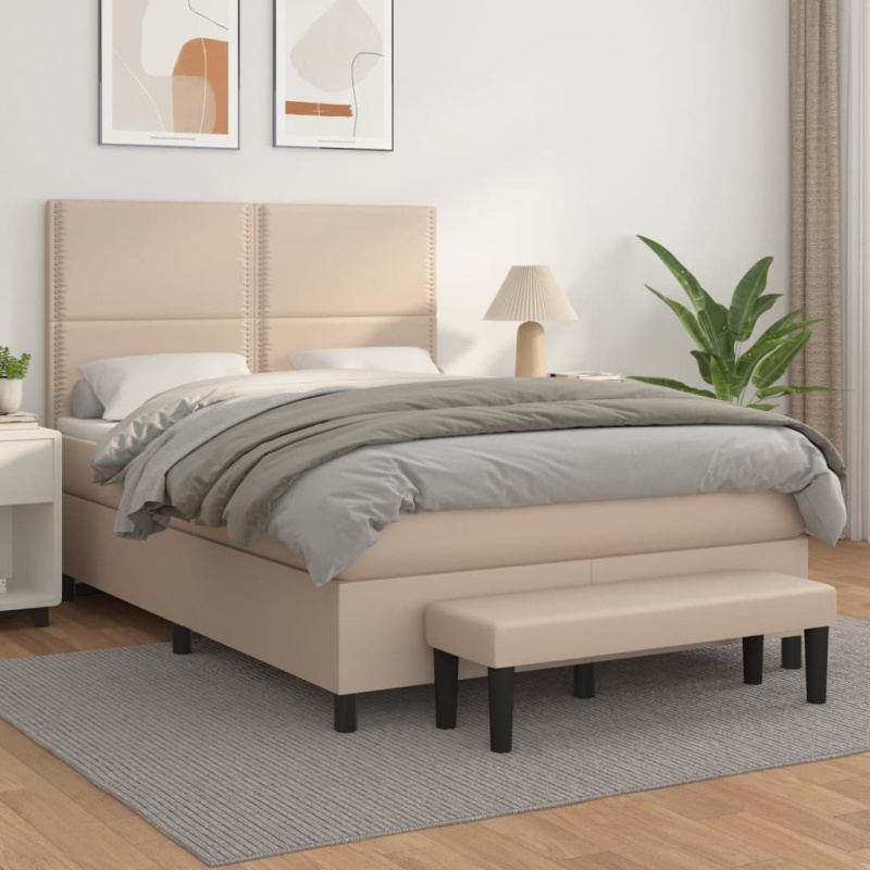 Box Spring Postel S Matrací Umělá Kůže Cappuccino - tlačítka / 100 x 200 cm