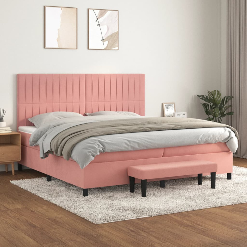 Box Spring Postel S Matrací Samet Růžová - Blok se čtverci / 120 x 200 cm
