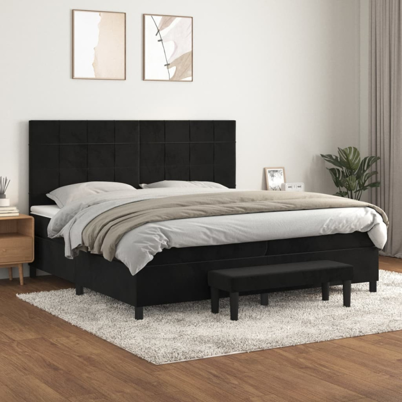 Box Spring Postel S Matrací Černá Samet Černá - Prošívaný design / 180 x 200 cm