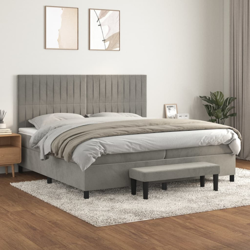 Box Spring Postel S Matrací Samet Světle Šedá - tlačítka / 200 x 200 cm