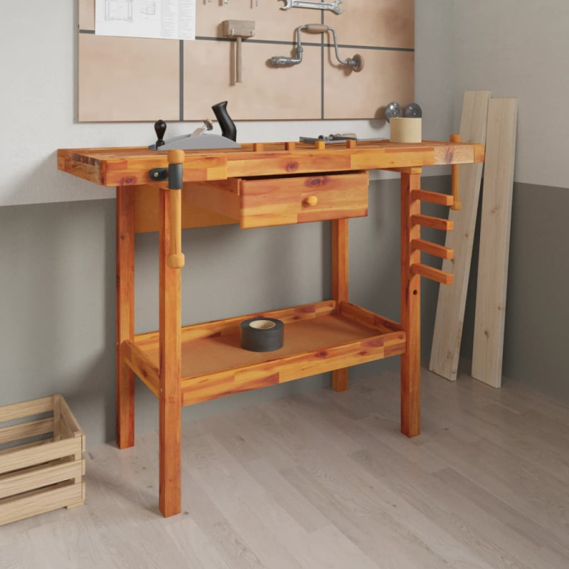 Pracovní Stůl Se Zásuvkou A Svěráky 124X52X83 Cm Masivní Akácie - 1 drawer 2 doors