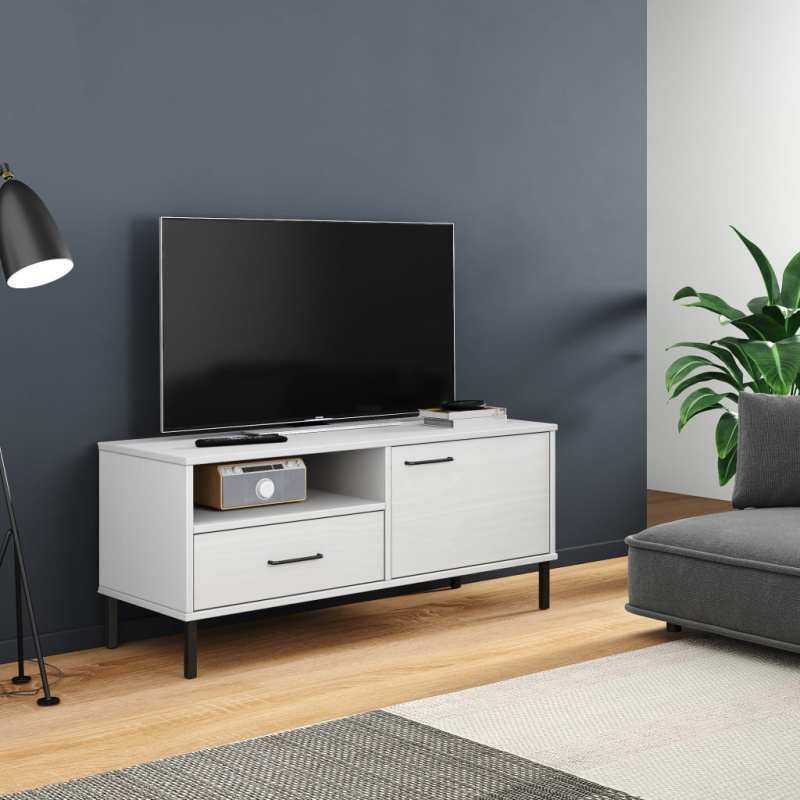 Tv Skříňka S Kovovými Nohami Masivní Borové Dřevo Oslo - Bílá
