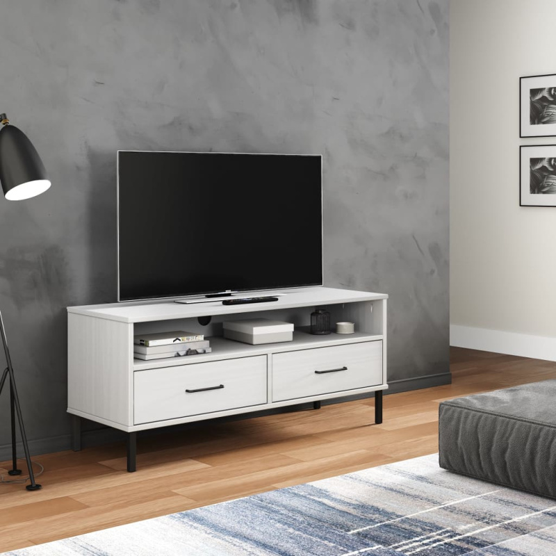 Tv Skříňka S Kovovými Nohami Masivní Borové Dřevo Oslo - Bílá