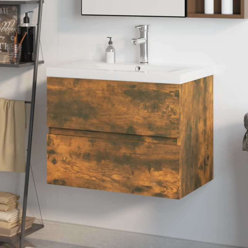 Umyvadlová Skříňka S Vestavěným Umyvadlem Kompozit Kouřový Dub - bez baterie a výpusti / 90 x 38.5 x 45 cm