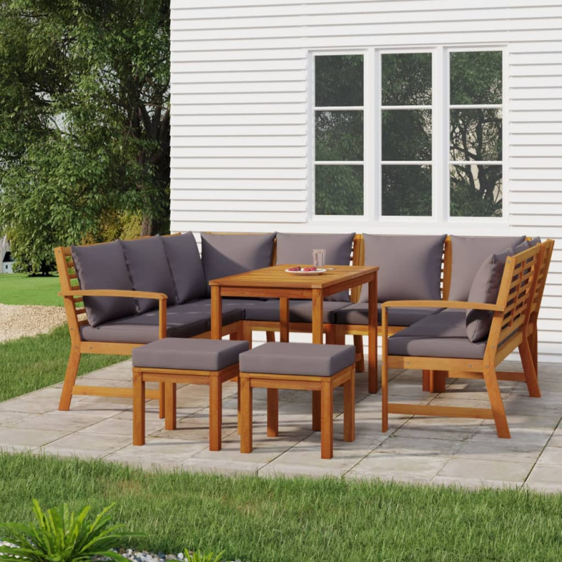 9Dílný Zahradní Jídelní Set S Poduškami Masivní Akáciové Dřevo - Krémová bílá / 2x bench   corner   2x footrest   table