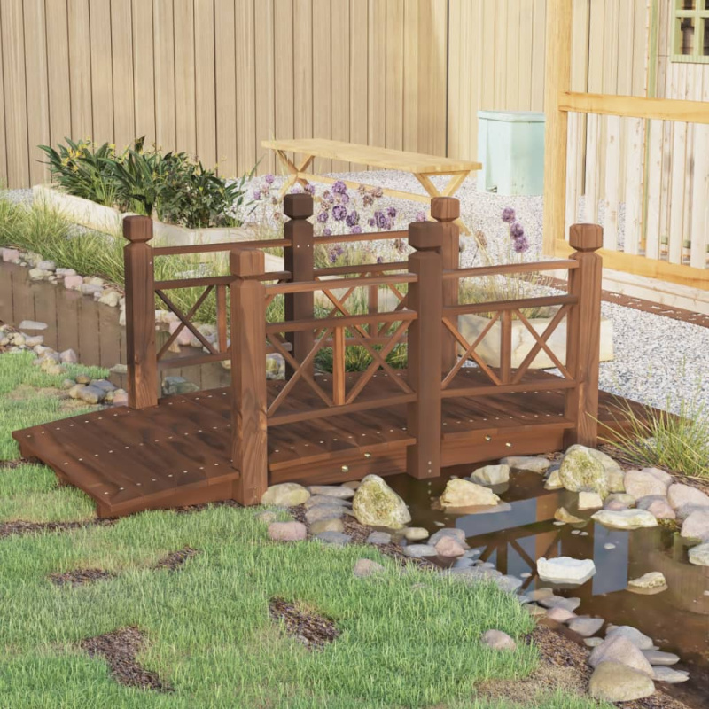 Zahradní Můstek Se Zábradlím 150X67X56 Cm Masivní Smrkové Dřevo - Tmavě hnědá / s řetězovým zábradlím
