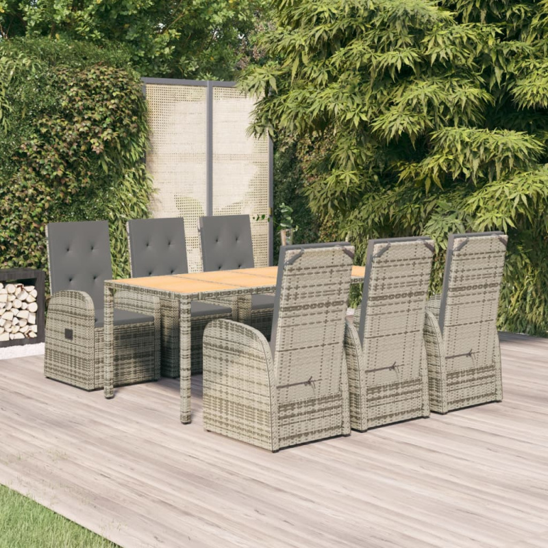 7Dílný Zahradní Jídelní Set S Poduškami Šedý Polyratan - 2x židle   2x křeslo   stůl / 90 cm dlouhý stůl