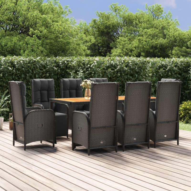 9Dílný Zahradní Jídelní Set S Poduškami Černý Polyratan - 6x židle   stůl / 150 cm dlouhý stůl