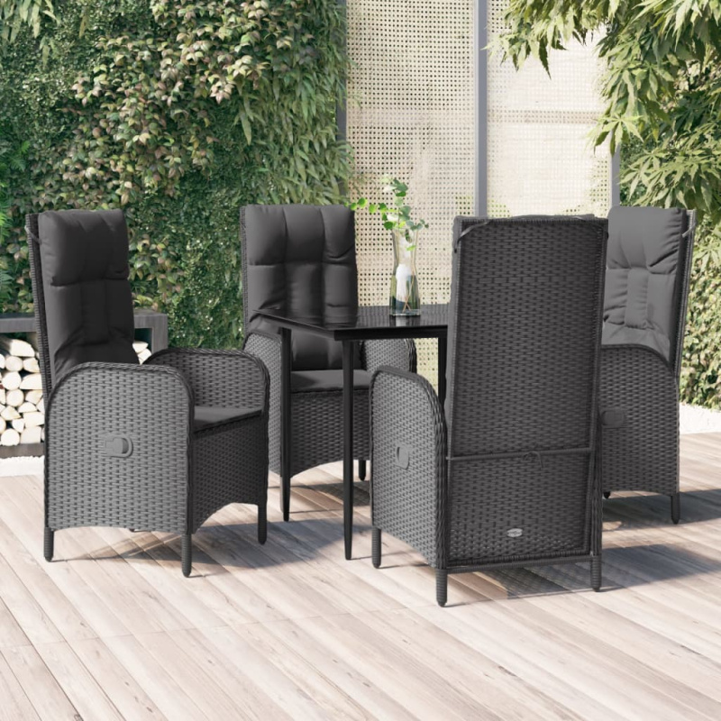 5Dílný Zahradní Jídelní Set S Poduškami Černý Polyratan Černá - 6x židle   2x křeslo   stůl / 200 cm dlouhý stůl