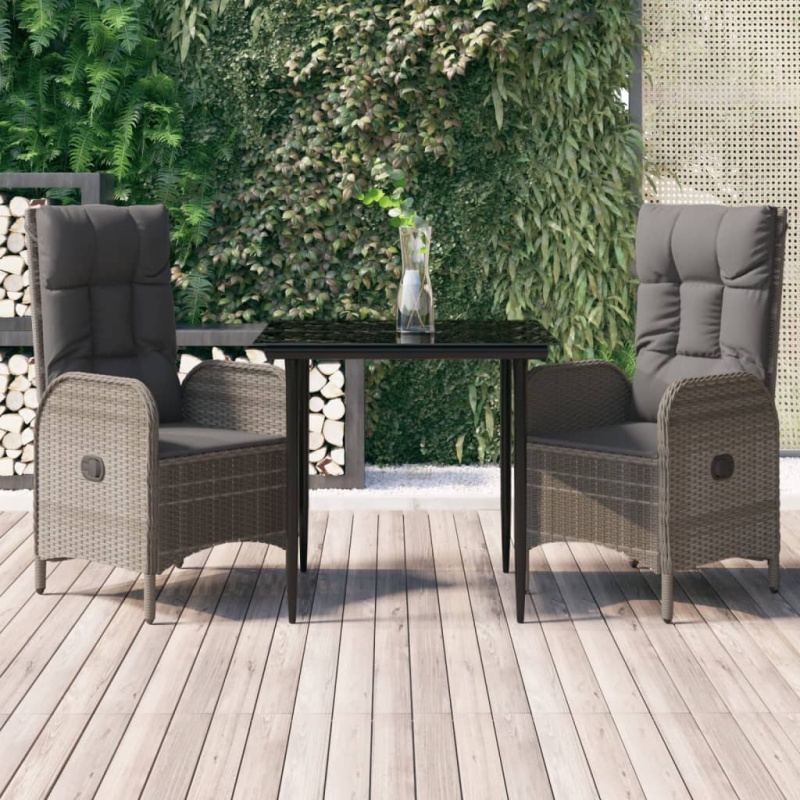 3Dílný Zahradní Jídelní Set S Poduškami Černý A Šedý Polyratan Šedá - 6x židle   2x křeslo   stůl / 200 cm dlouhý stůl