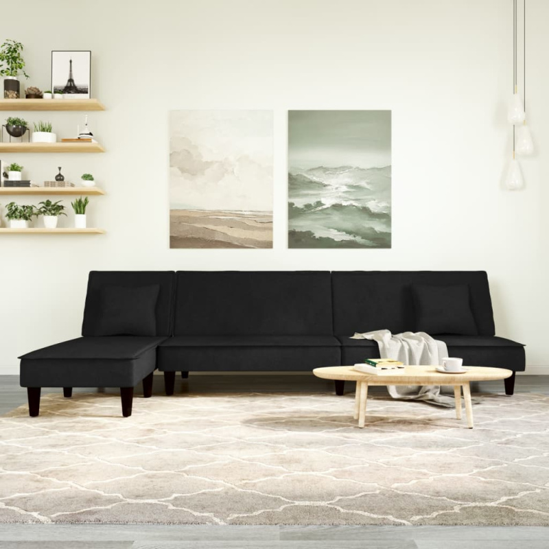 Rozkládací Pohovka Ve Tvaru L Černá 255 X 140 X 70 Cm Samet - Žlutá