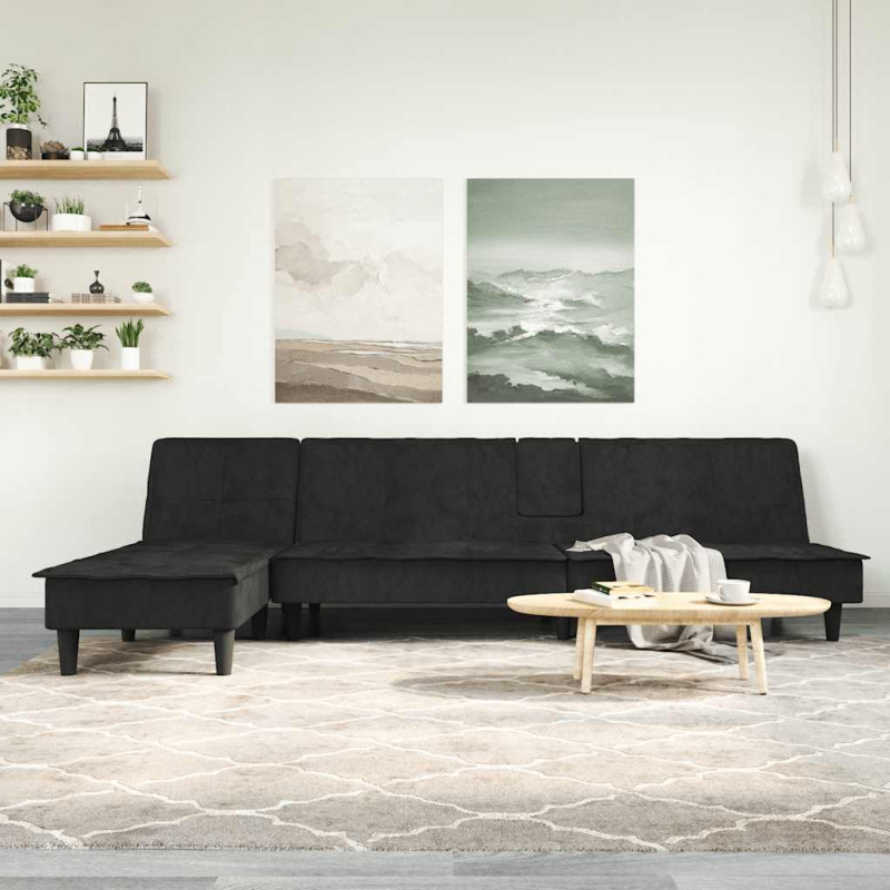 Rozkládací Pohovka Ve Tvaru L Černá 255 X 140 X 70 Cm Samet - Tmavě zelená