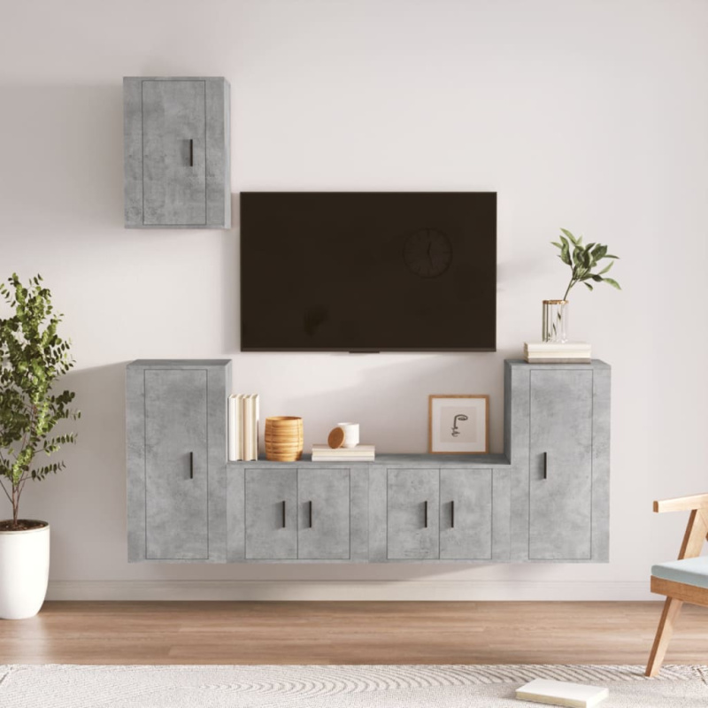 5Dílný Set Tv Skříněk Betonově Šedý Kompozitní Dřevo - Hnědý dub