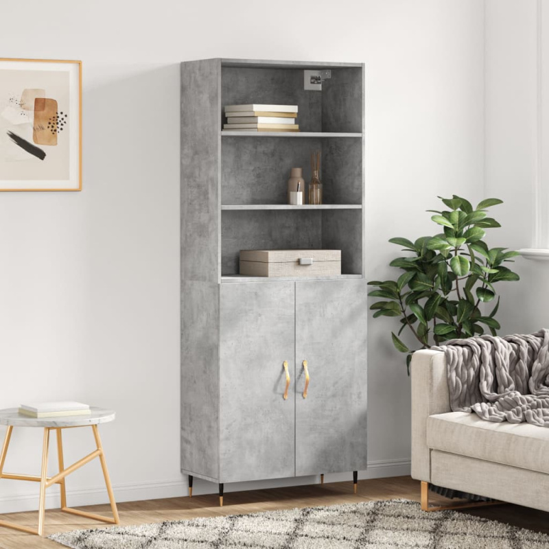 Skříň Highboard Betonově Šedá 69,5X34X180 Cm Kompozitní Dřevo - Hnědý dub / 2 prosklená dvířka