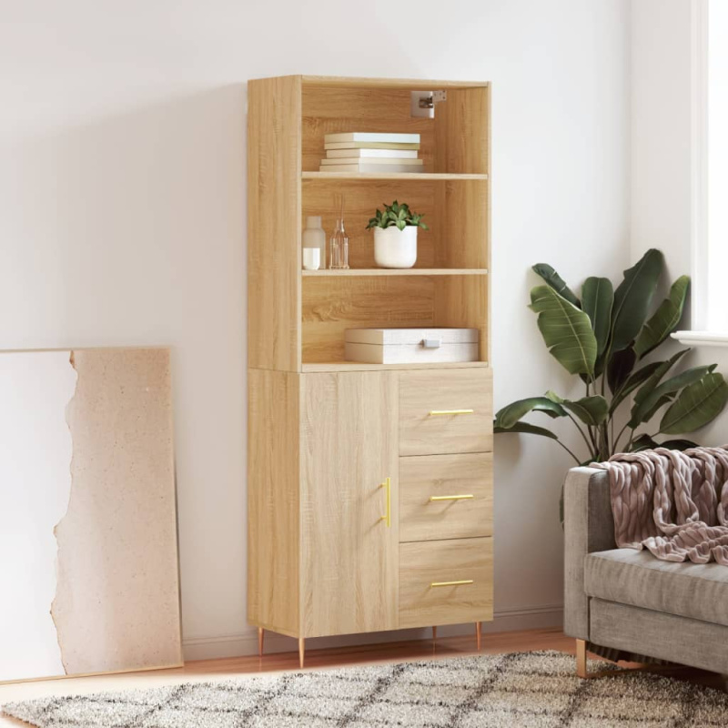 Skříň Highboard 69,5 X 34 X 180 Cm Kompozitní Dřevo - Betonová šedá / 1 prosklená dvířka 3 zásuvky