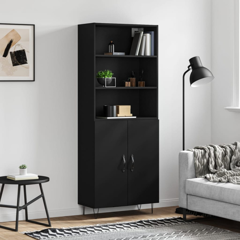 Skříň Highboard Černá 69,5 X 34 X 180 Cm Kompozitní Dřevo - Betonová šedá / 1 dřevěná dvířka 3 zásuvky