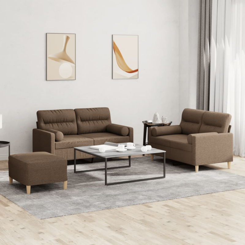 3Dílná Sedací Souprava S Polštáři Textil - Taupe / s poduškami a podnožkou