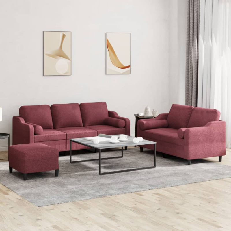 3Dílná Sedací Souprava S Polštáři Vínová Textil - Světle žlutá / s poduškami