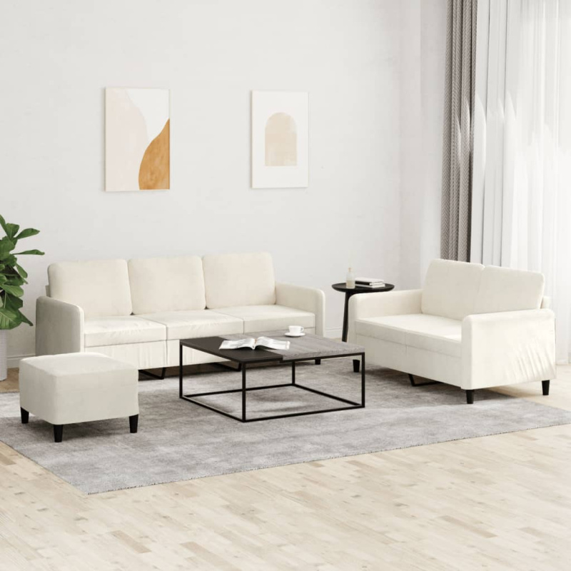 3Dílná Sedací Souprava Samet - vínová červená / s poduškami a podnožkou