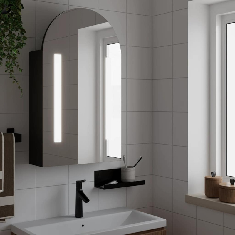 Koupelnová Zrcadlová Skříňka S Led Klenutá Černá 42X13X70 Cm - Dub