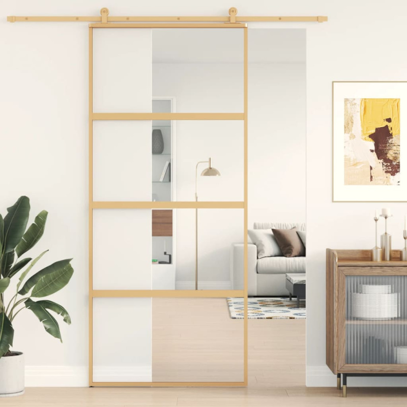 Posuvné dveře zlaté 90 x 205 cm mléčné ESG sklo a hliník