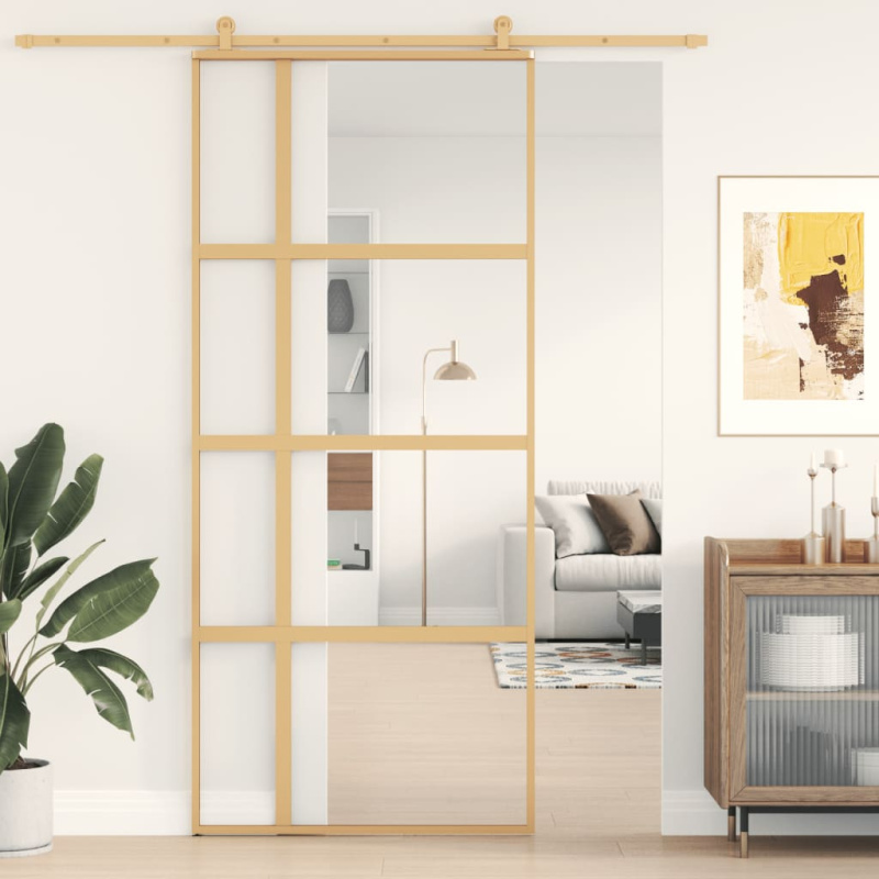 Posuvné dveře zlaté 90 x 205 cm mléčné ESG sklo a hliník