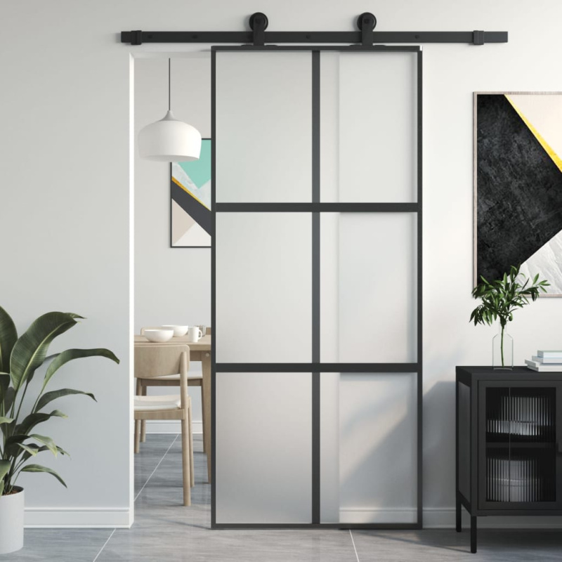 Posuvné Dveře Černé Tvrzené Sklo A Hliník Černá A Matná - 102.5 x 205 cm / Mřížka 3 × 2