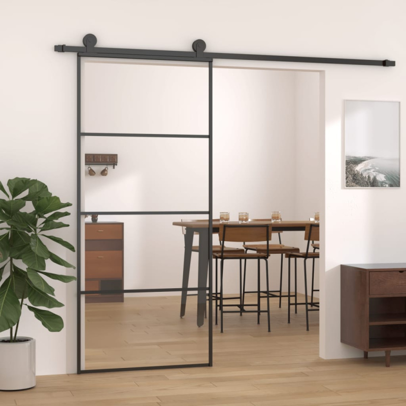 Posuvné dveře černé 90 x 205 cm tvrzené sklo a hliník