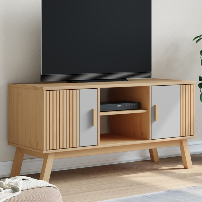 Tv Skříňka Olden Šedá A Hnědá 114X43X57 Cm Masivní Borové Dřevo - Hnědá