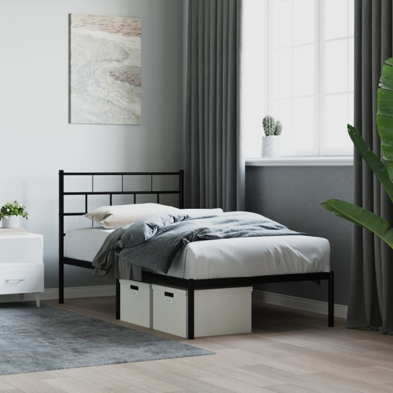 Kovový rám postele s čelem černý - Bílá / s hlavovým a nožním čelem / 90 x 200 cm