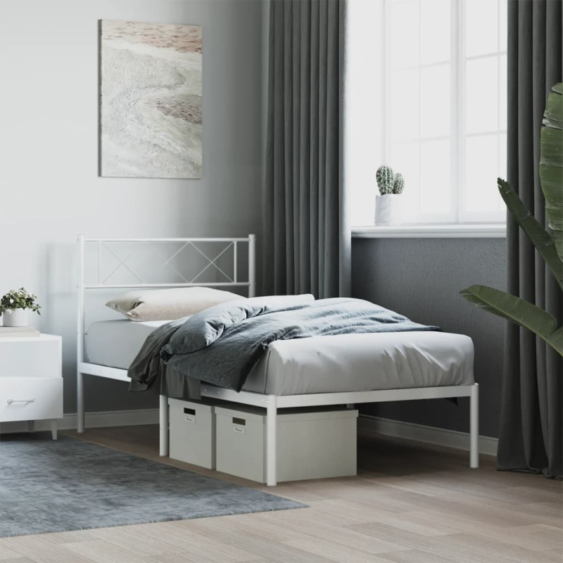 Kovový Rám Postele S Čelem Bílý - Bílá / s čelem postele / 75 x 190 cm