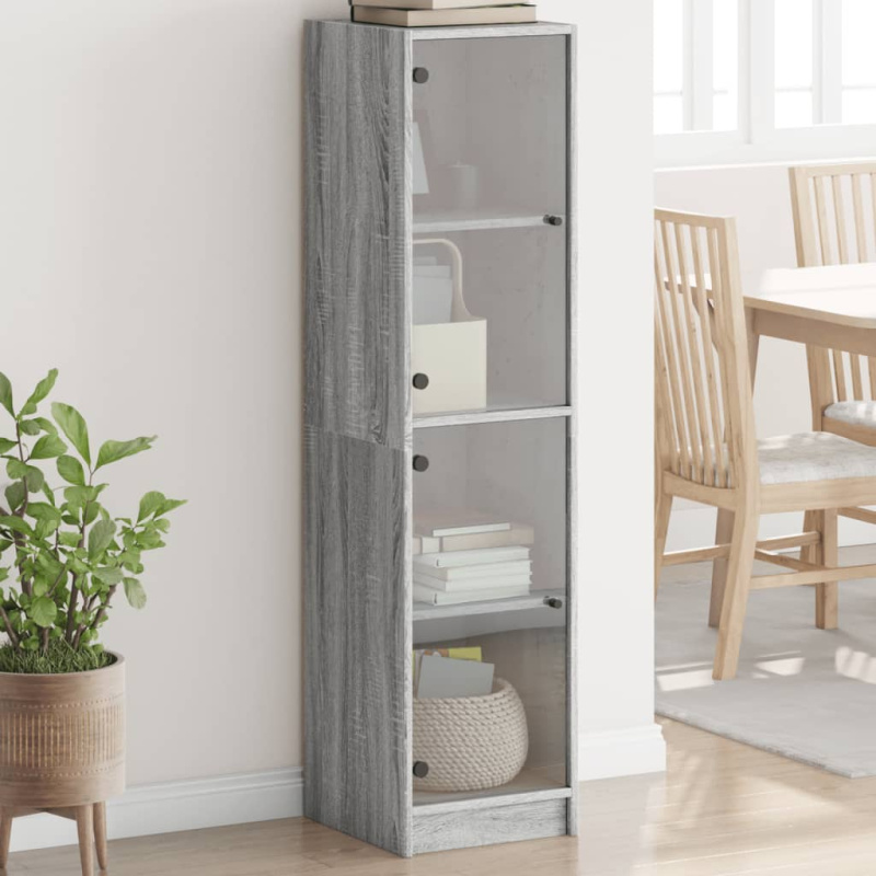 Highboard se skleněnými dvířky šedý sonoma 35 x 37 x 142 cm - Kouřový dub