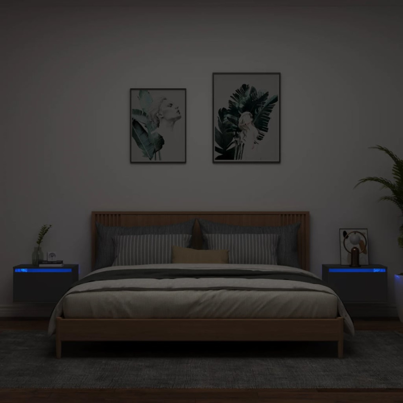 Nástěnné Noční Stolky S Led Osvětlením 2 Ks Černé - Kouřový dub / 2