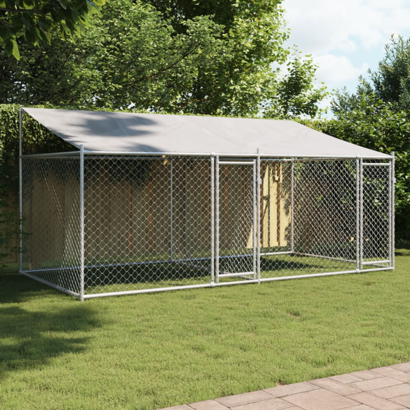 Klec Pro Psy Se Střechou A Dvířky Šedá Pozinkovaná Ocel - 1 dvířka / 6 x 2 x 2 m