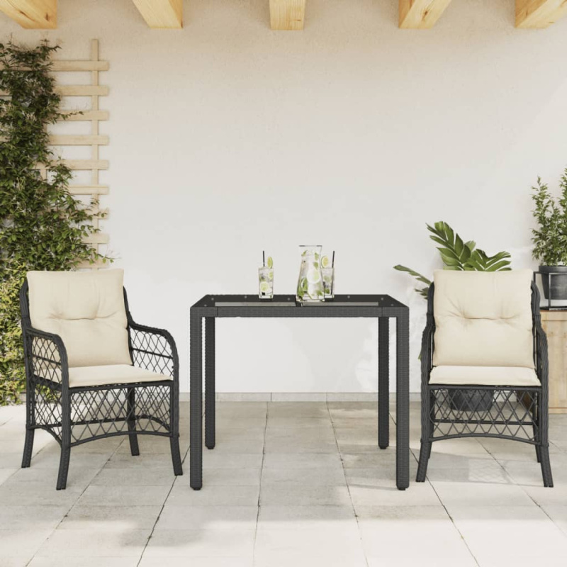 3Dílný Bistro Set S Poduškami Černý Polyratan - Černá / 6 / 190 cm dlouhý stůl