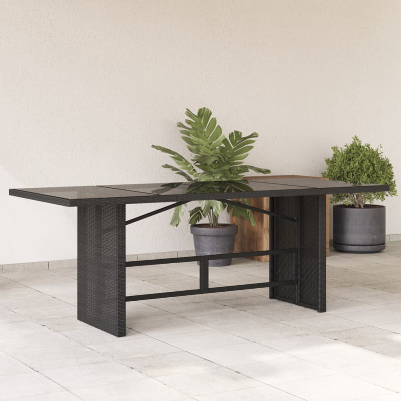 Zahradní Stůl Se Skleněnou Deskou Černý 190X80X75 Cm Polyratan - Šedá / akácie