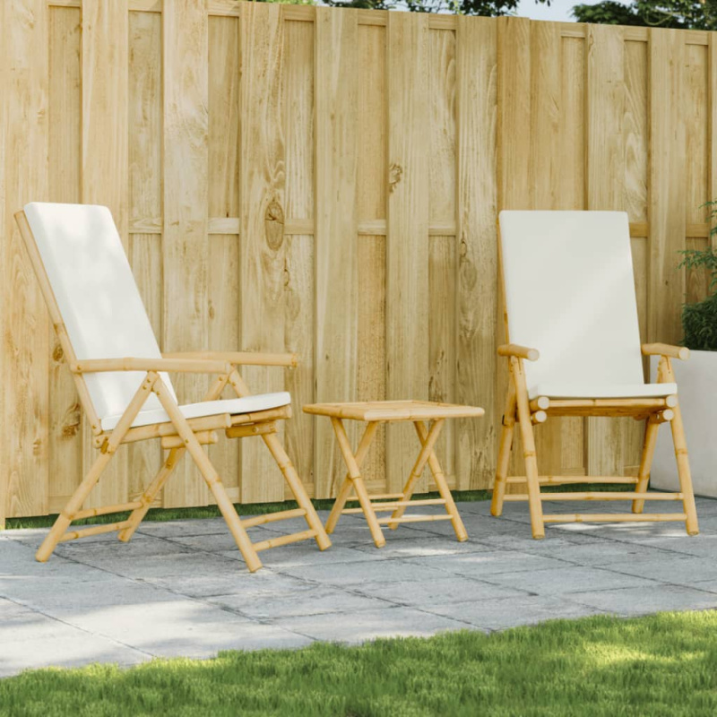 3Dílný Skládací Bistro Set S Krémově Bílými Poduškami Bambus - Tmavě šedá / 45 x 45 x 45 cm